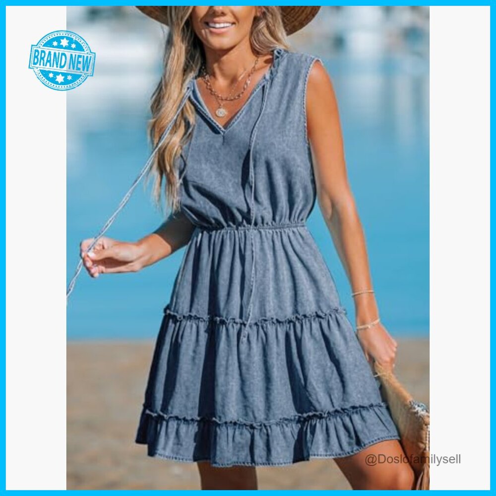 Denim Mini Dress Ruffled Sleeveless V Neck Split Casual Summer Chic - Picture 4 of 5